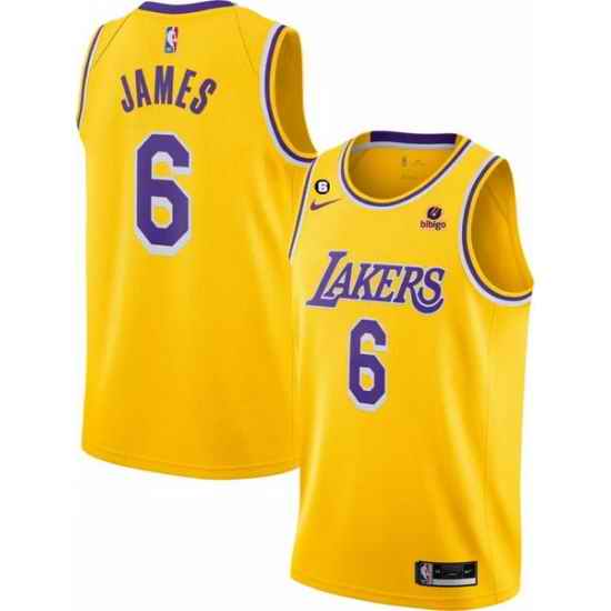 Men Los Angeles Lakers #6 LeBron James Yellow No #6 Patch Stitched Basketball Jersey->memphis grizzlies->NBA Jersey