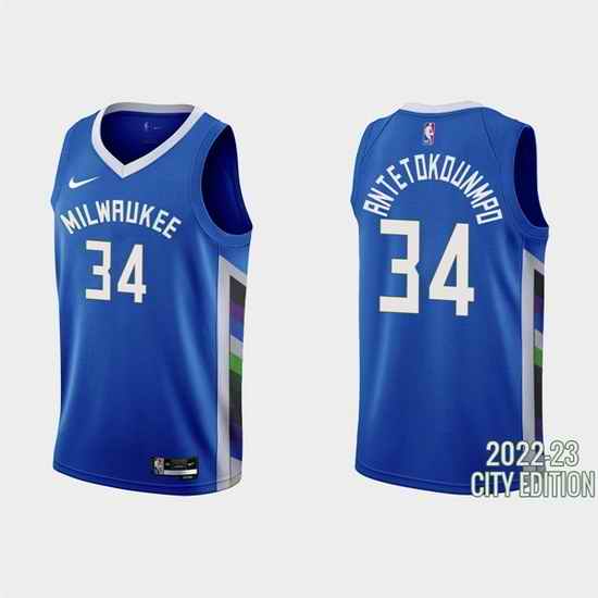 Men Milwaukee Bucks 34 Giannis Antetokounmpo 2022 #23 Blue City Edition Stitched Basketball Jersey->new york knicks->NBA Jersey