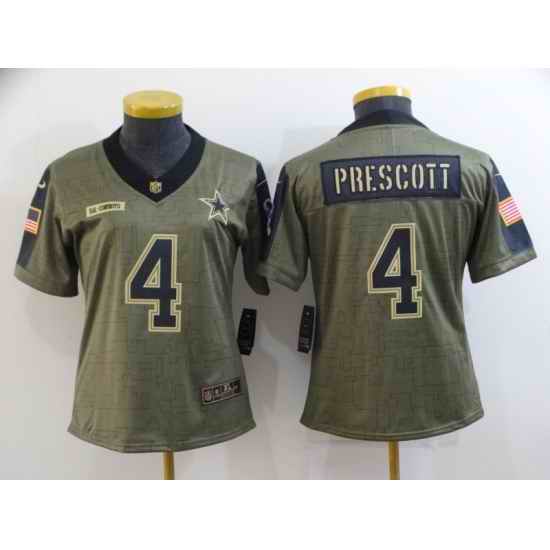 Women's Dallas Cowboys #4 Dak Prescott Gold 2021 Salute To Service Limited Player Jersey->women nfl jersey->Women Jersey