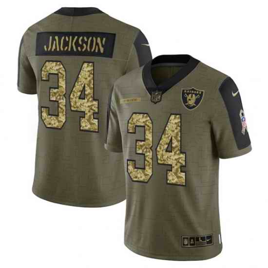 Men Las Vegas Raiders #34 Bo Jackson 2021 Salute To Service Olive Camo Limited Stitched Jersey->las vegas raiders->NFL Jersey