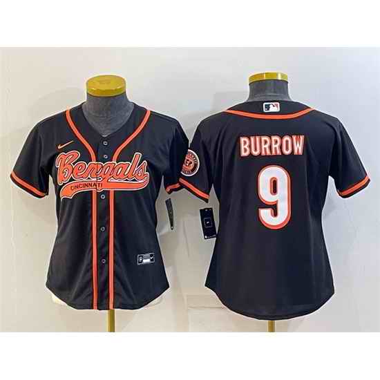 Women Cincinnati Bengals #9 Joe Burrow Black With Patch Cool Base Stitched Baseball Jersey->women nfl jersey->Women Jersey