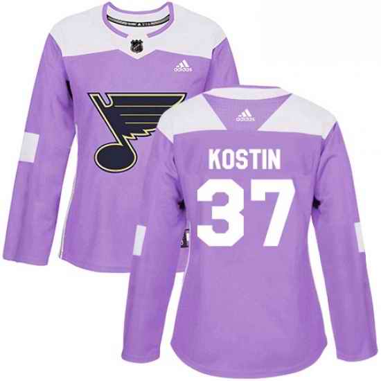 Womens Adidas St Louis Blues #37 Klim Kostin Authentic Purple Fights Cancer Practice NHL Jersey->women nhl jersey->Women Jersey