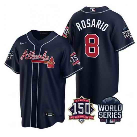 Men Atlanta Braves #8 Eddie Rosario 2021 Navy World Series With 150th Anniversary Patch Cool Base Stitched Jersey->2021 world series->MLB Jersey