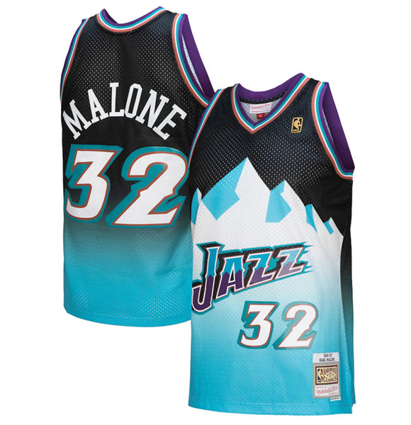 Men's Utah Jazz #32 Karl Malone 1996/97 Black/Light Blue Throwback Stitched Jersey->san antonio spurs->NBA Jersey