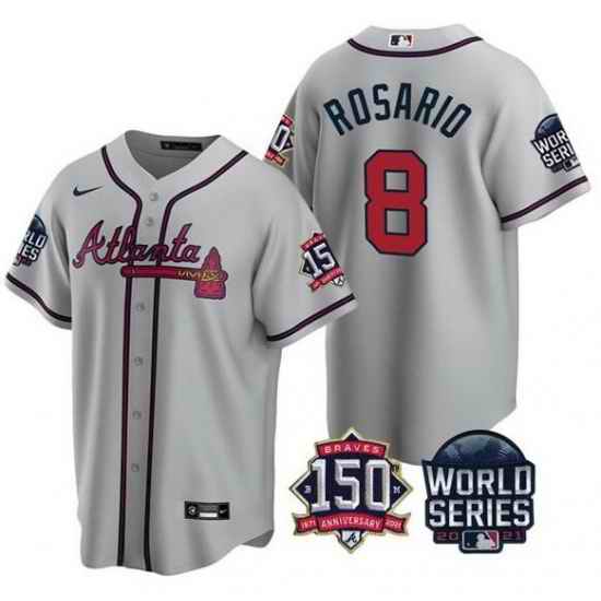 Men Atlanta Braves #8 Eddie Rosario 2021 Gray World Series With 150th Anniversary Patch Cool Base Stitched Jersey->2021 world series->MLB Jersey