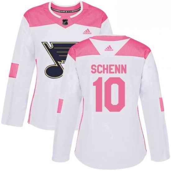Womens Adidas St Louis Blues #10 Brayden Schenn Authentic WhitePink Fashion NHL Jersey->women nhl jersey->Women Jersey