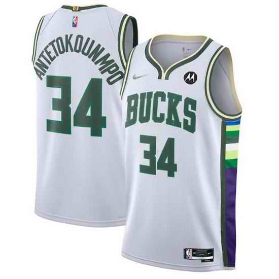 Men's Milwaukee Bucks #34 Giannis Antetokounmpo White 2021 #22 75th Anniversary Swingman City Edition Stitched Jersey->sacramento kings->NBA Jersey