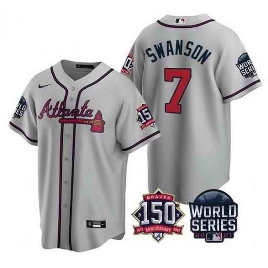 Men Atlanta Braves #7 Dansby Swanson 2021 Gray World Series With 150th Anniversary Patch Cool Base Stitched Jersey->2021 world series->MLB Jersey