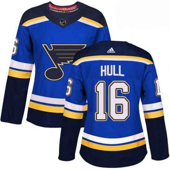 Womens Adidas St Louis Blues #16 Brett Hull Premier Royal Blue Home NHL Jersey->women nhl jersey->Women Jersey