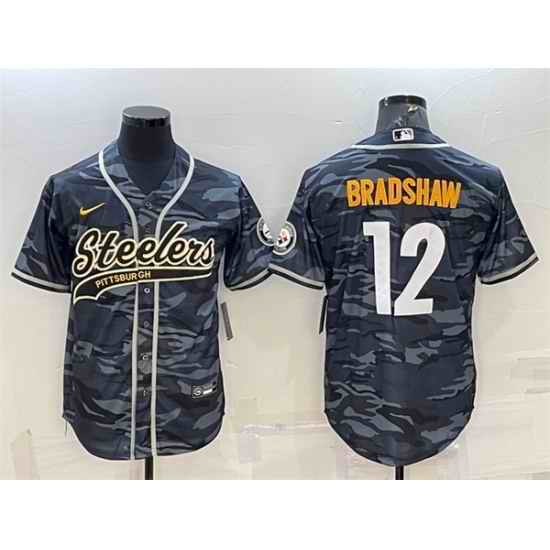 Men Pittsburgh Steelers #12 Terry Bradshaw Grey Navy Camo With Patch Cool Base Stitched Baseball Jersey->tennessee titans->NFL Jersey