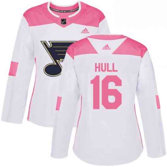 Womens Adidas St Louis Blues #16 Brett Hull Authentic WhitePink Fashion NHL Jersey->women nhl jersey->Women Jersey