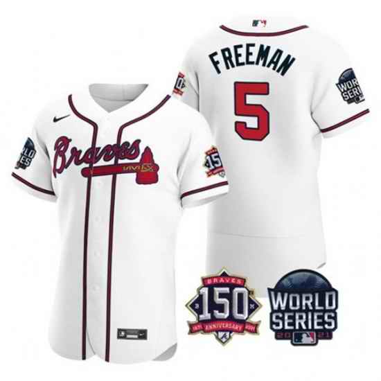 Men Atlanta Braves #5 Freddie Freeman 2021 White World Series With 150th Anniversary Patch Stitched Baseball Jersey->2021 world series->MLB Jersey