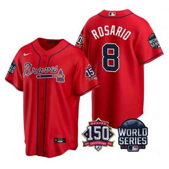 Men Atlanta Braves #8 Eddie Rosario 2021 Red World Series With 150th Anniversary Patch Cool Base Stitched Jersey->2021 world series->MLB Jersey
