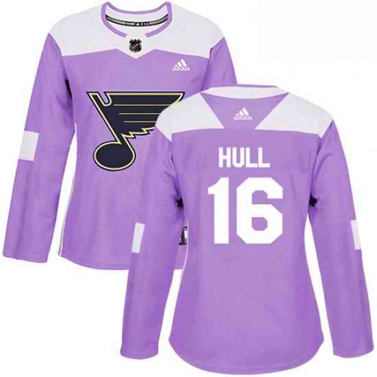 Womens Adidas St Louis Blues #16 Brett Hull Authentic Purple Fights Cancer Practice NHL Jersey->women nhl jersey->Women Jersey