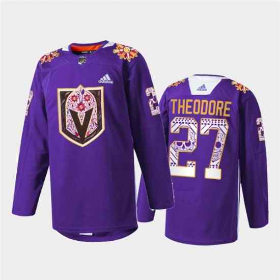 Men Vegas Golden Knights #27 Shea Theodore Purple Hispanic Heritage Warmup Stitched Jersey->vegas golden knights->NHL Jersey