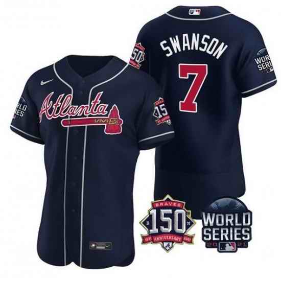 Men Atlanta Braves #7 Dansby Swanson 2021 Navy World Series With 150th Anniversary Patch Stitched Baseball Jersey->2021 world series->MLB Jersey