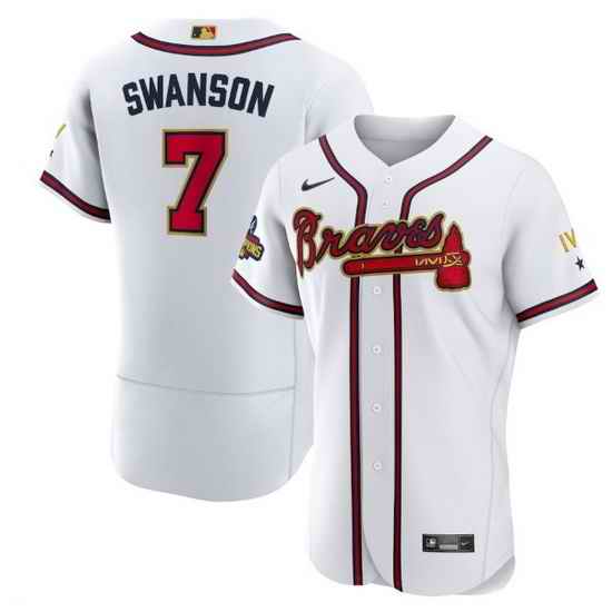 Men Atlanta Braves #7 Dansby Swanson 2022 White Gold World Series Champions Program Flex Base Stitched Baseball jersey->atlanta braves->MLB Jersey