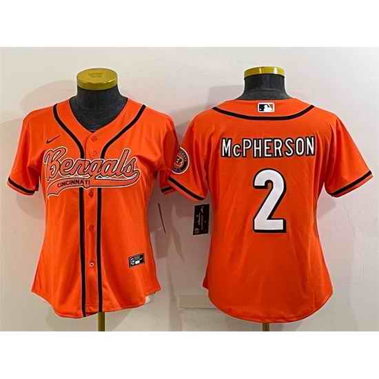 Women Cincinnati Bengals #2 Evan McPherson Orange With Patch Cool Base Stitched Baseball Jersey->women nfl jersey->Women Jersey