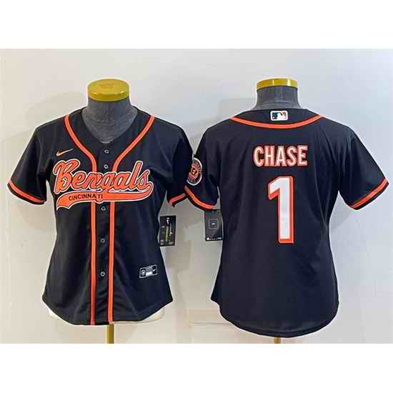 Women Cincinnati Bengals #1 Ja 27Marr Chase Black With Patch Cool Base Stitched Baseball Jersey->women nfl jersey->Women Jersey