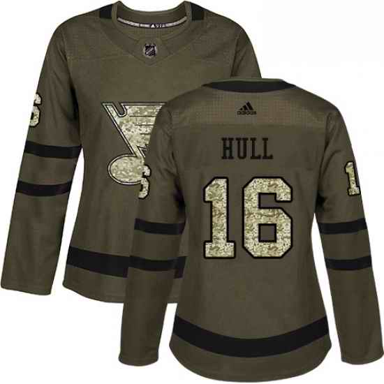 Womens Adidas St Louis Blues #16 Brett Hull Authentic Green Salute to Service NHL Jersey->women nhl jersey->Women Jersey