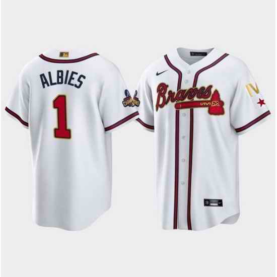 Men Atlanta Braves #1 Ozzie Albies 2022 White Gold World Series Champions Program Cool Base Stitched Baseball jersey->atlanta braves->MLB Jersey