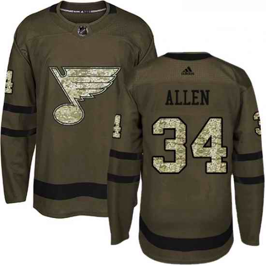 Youth Adidas St Louis Blues #34 Jake Allen Premier Green Salute to Service NHL Jersey->youth nhl jersey->Youth Jersey