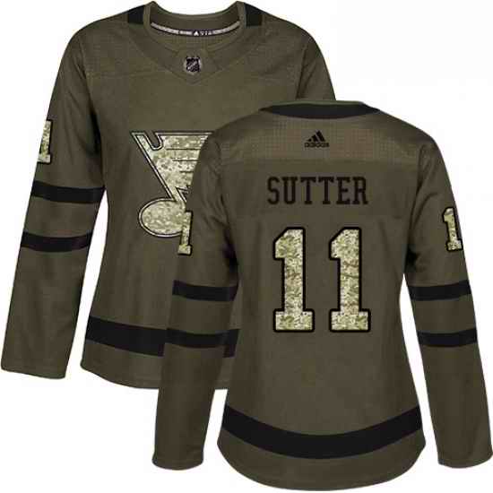Womens Adidas St Louis Blues #11 Brian Sutter Authentic Green Salute to Service NHL Jersey->women nhl jersey->Women Jersey