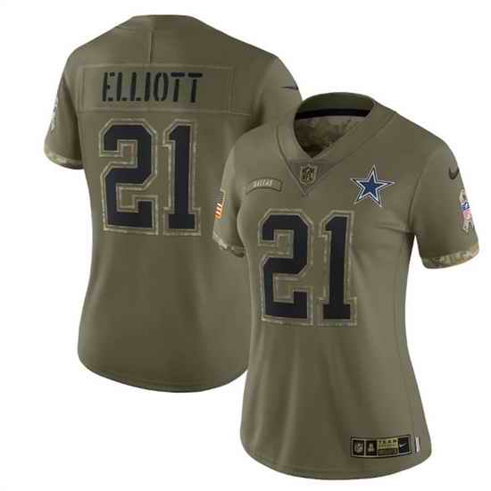 Women Dallas Cowboys #21 Ezekiel Elliott 2022 Olive Salute To Service Limited Stitched Jersey->women nfl jersey->Women Jersey