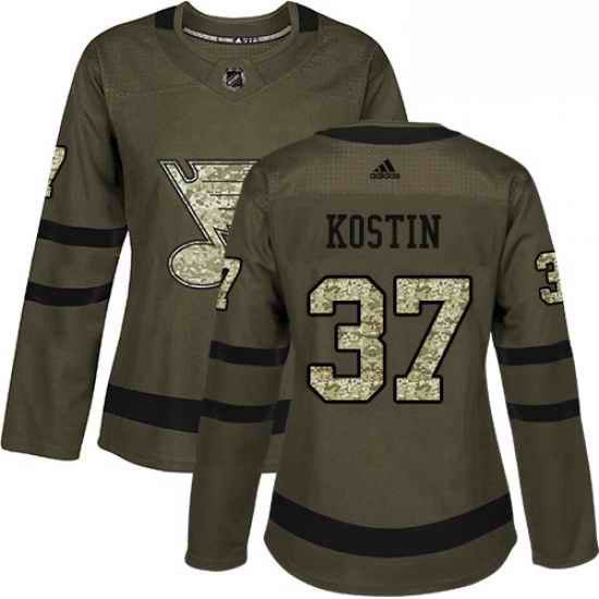 Womens Adidas St Louis Blues #37 Klim Kostin Authentic Green Salute to Service NHL Jersey->women nhl jersey->Women Jersey