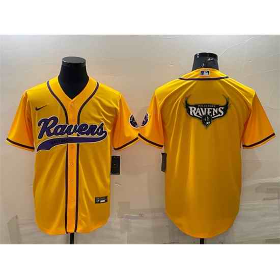 Men Baltimore Ravens Yellow Team Big Logo With Patch Cool Base Stitched Baseball Jersey->baltimore ravens->NFL Jersey