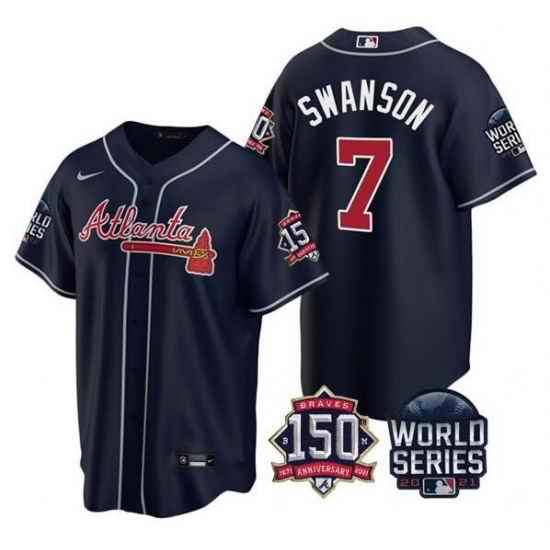 Men Atlanta Braves #7 Dansby Swanson 2021 Navy World Series With 150th Anniversary Patch Cool Base Stitched Jersey->2021 world series->MLB Jersey