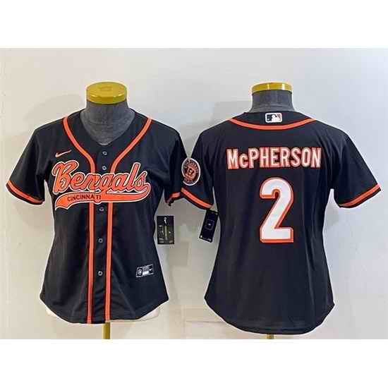 Women Cincinnati Bengals #2 Evan McPherson Black With Patch Cool Base Stitched Baseball Jersey->women nfl jersey->Women Jersey