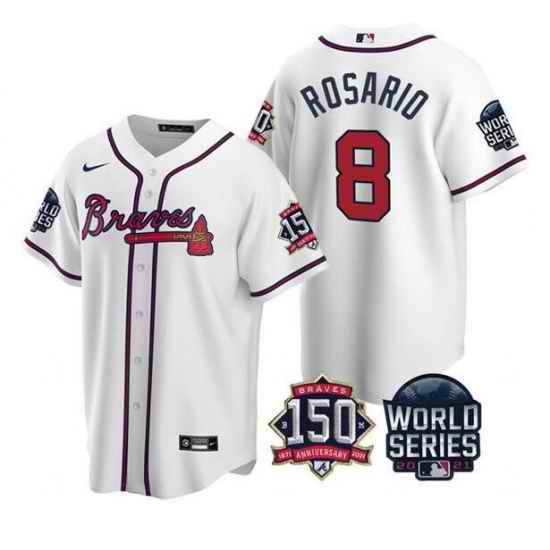 Men Atlanta Braves #8 Eddie Rosario 2021 White World Series With 150th Anniversary Patch Cool Base Stitched Jersey->2021 world series->MLB Jersey