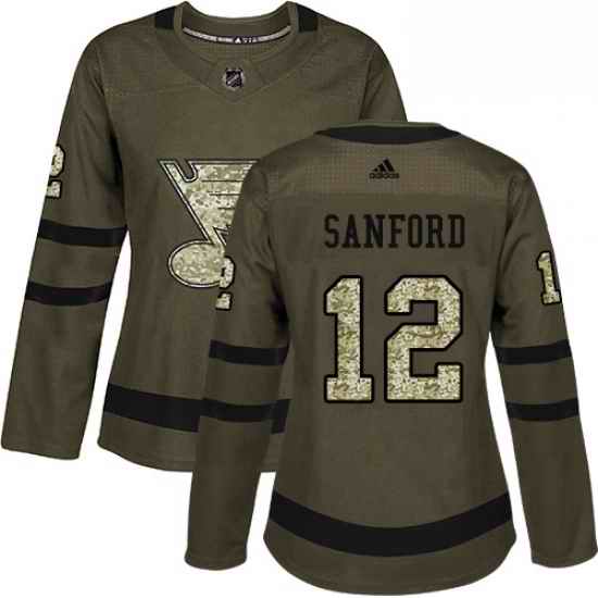 Womens Adidas St Louis Blues #12 Zach Sanford Authentic Green Salute to Service NHL Jersey->women nhl jersey->Women Jersey
