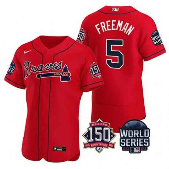 Men Atlanta Braves #5 Freddie Freeman 2021 Red World Series With 150th Anniversary Patch Stitched Baseball Jersey->2021 world series->MLB Jersey