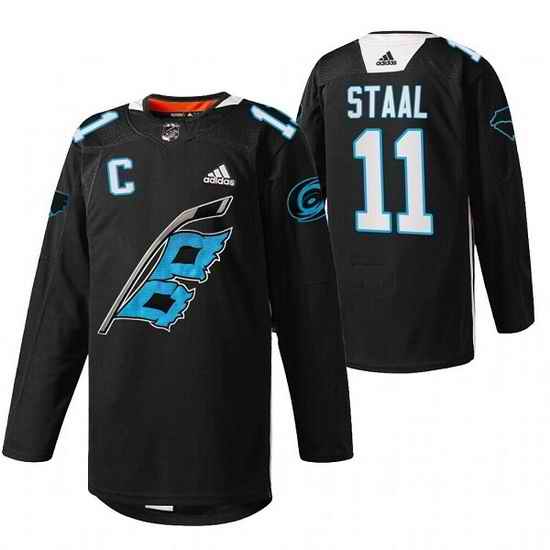 Men Carolina Hurricanes #11 Jordan Staal 2022 Black Warm Up Stitched Jersey->columbus blue jackets->NHL Jersey
