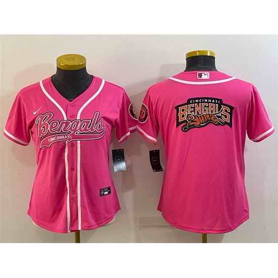 Women Cincinnati Bengals Pink Team Big Logo With Patch Cool Base Stitched Baseball Jersey->women nfl jersey->Women Jersey