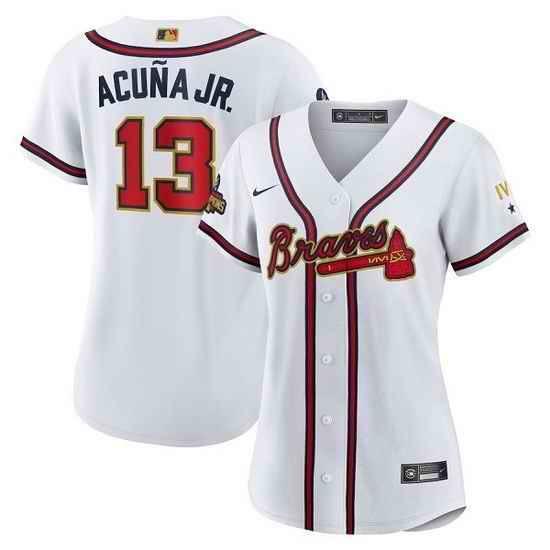Women Atlanta Braves #13 Ronald Acu F1a Jr 2022 White Gold World Series Champions Program Stitched Jersey->women mlb jersey->Women Jersey