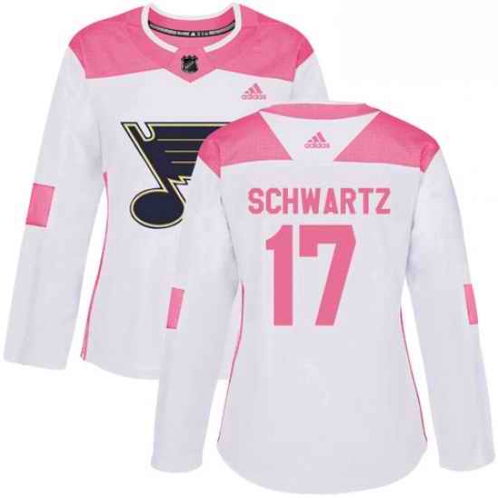 Womens Adidas St Louis Blues #17 Jaden Schwartz Authentic WhitePink Fashion NHL Jersey->women nhl jersey->Women Jersey