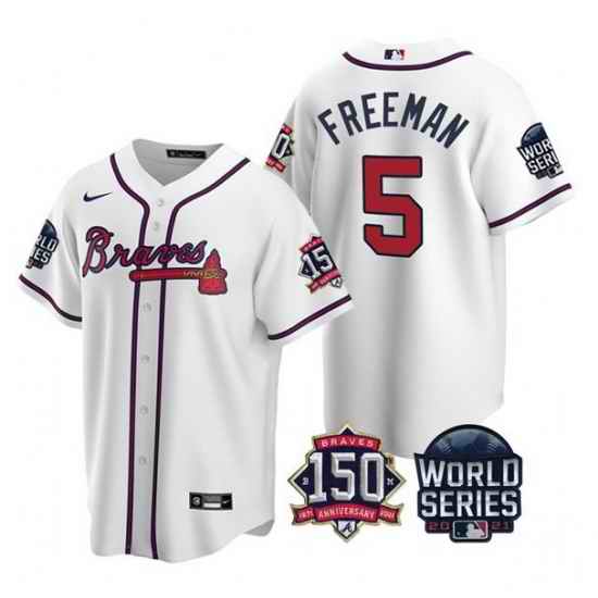 Men Atlanta Braves #5 Freddie Freeman 2021 White World Series With 150th Anniversary Patch Cool Base Stitched Jersey->2021 world series->MLB Jersey