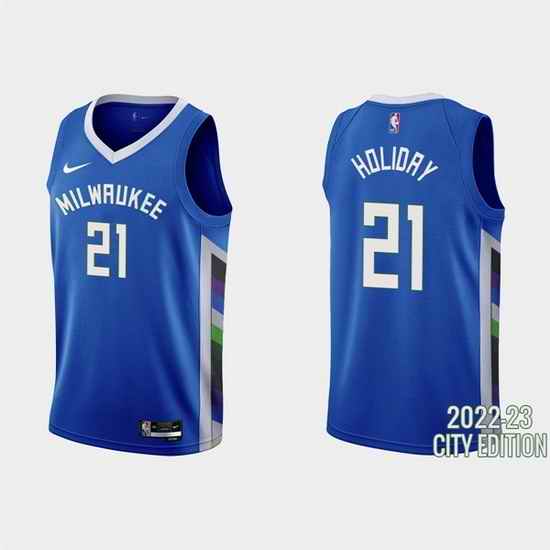 Men Milwaukee Bucks #21 Jrue Holiday 2022 23 Blue City Edition Stitched Basketball Jersey->new york knicks->NBA Jersey