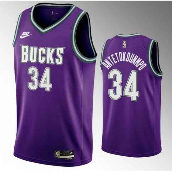 Men Milwaukee Bucks 34 Giannis Antetokounmpo 2022 #23 Purple Classic Edition Swingman Stitched Basketball Jersey->portland trail blazers->NBA Jersey