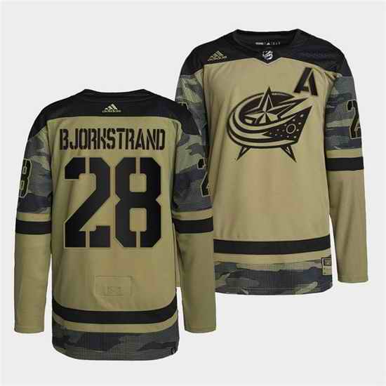 Men Columbus Blue Jackets #28 Oliver Bjorkstrand 2022 Camo Military Appreciation Night Stitched jersey->columbus blue jackets->NHL Jersey