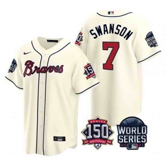 Men Atlanta Braves #7 Dansby Swanson 2021 Cream World Series With 150th Anniversary Patch Cool Base Stitched Jersey->2021 world series->MLB Jersey