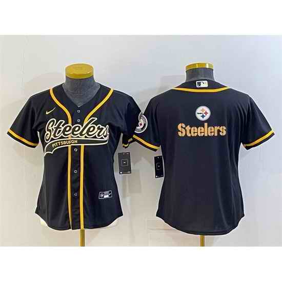 Women Pittsburgh Steelers Black Team Big Logo With Patch Cool Base Stitched Baseball Jersey->women nfl jersey->Women Jersey