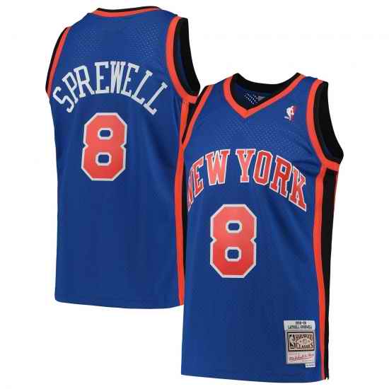 Men New York Knicks #8 Latrell Sprewell Blue Mitchell Ness Jersey->nba shorts->NBA Jersey