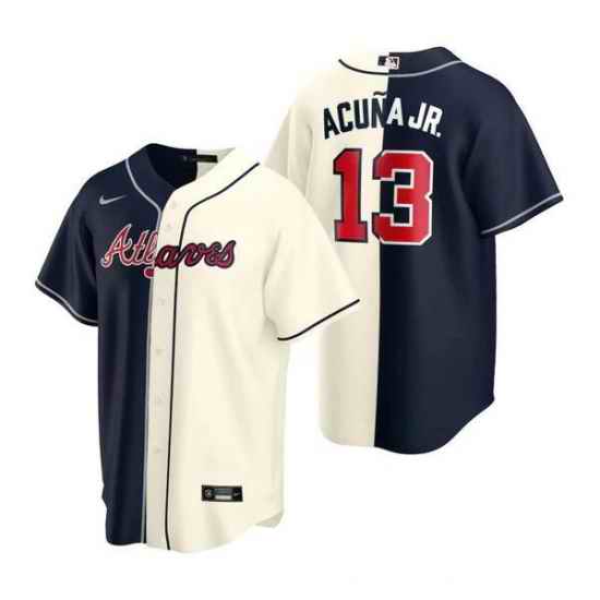 Men Atlanta Braves #13 Ronald Acuna Jr  Navy Cream Split Cool Base Stitched Baseball Jersey->los angeles dodgers->MLB Jersey