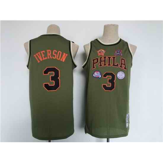 Men Philadelphia 76ers #3 Allen Iverson Olive Throwback Basketball Jersey->toronto raptors->NBA Jersey