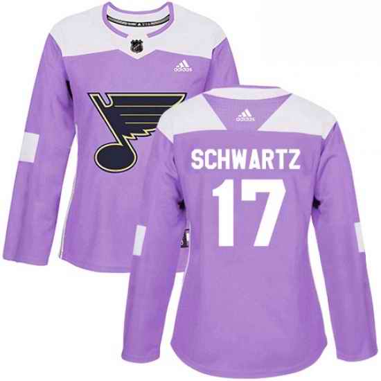 Womens Adidas St Louis Blues #17 Jaden Schwartz Authentic Purple Fights Cancer Practice NHL Jersey->women nhl jersey->Women Jersey