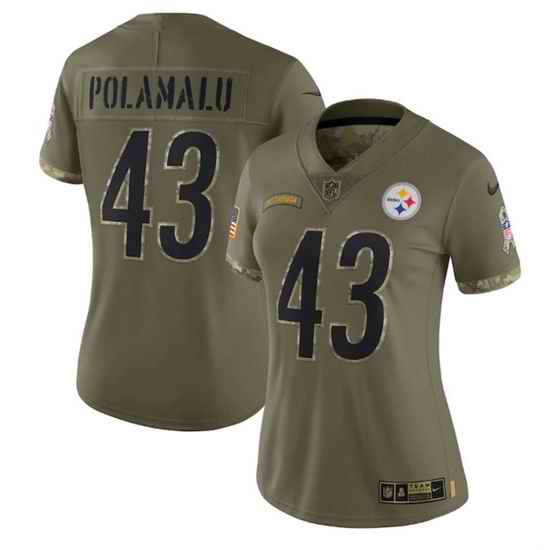 Women Pittsburgh Steelers #43 Troy Polamalu Olive 2022 Salute To Service Limited Stitched Jersey->women nfl jersey->Women Jersey